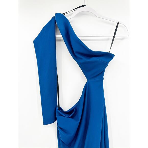 Katie May Blue Cut Out Strapless One Sleeve Side Slit Maxi Dress Gown Size M - Picture 4 of 6